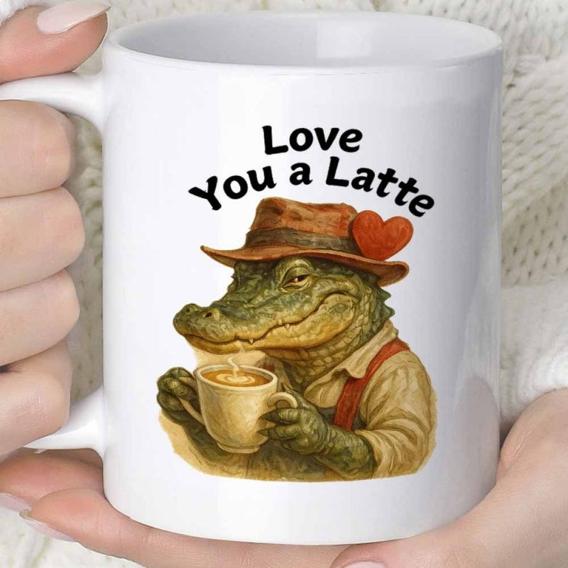 Tailorly White Ceramic 11 oz Mug - Love You A Latte Charming Wearing Brown Hat Drinking Hot Coffee With Red Heart Alligator