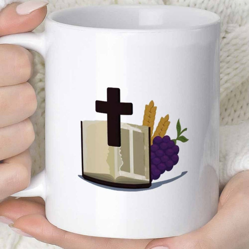 Tailorly White Ceramic 11 oz Mug - Sacred Christian Symbols With Open Holy Bible Grapes And Golden Wheat Cross