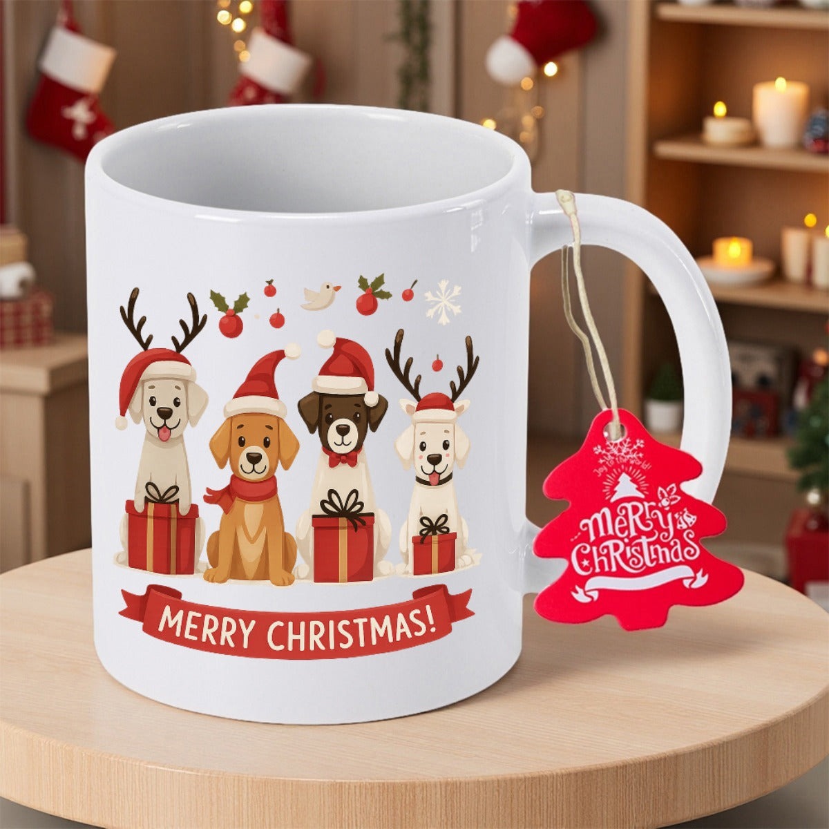 Tailorly White Ceramic 11 oz Mug - Merry Christmas Adorable Dogs Wearing Santa Hats And Reindeer Antlers Among Festive Presents Dog
