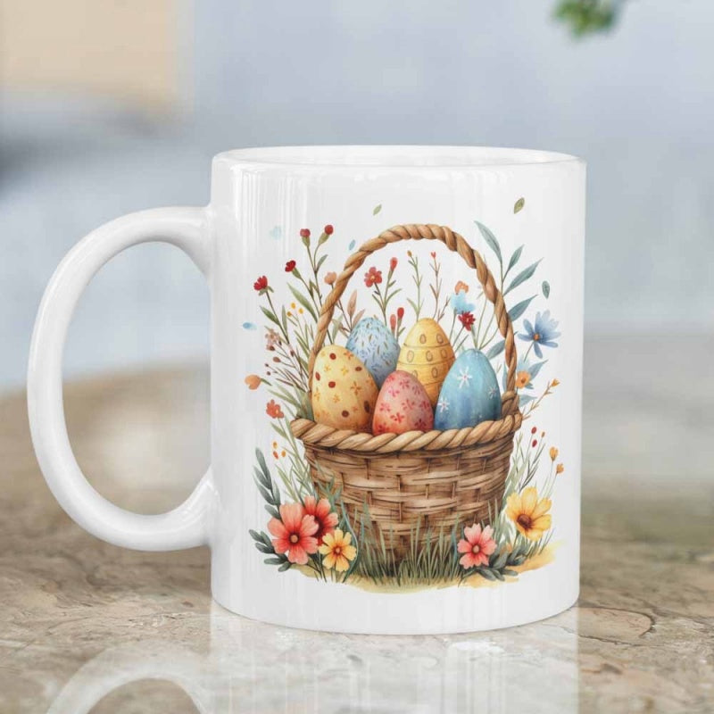Tailorly White Ceramic 11 oz Mug - Rustic Woven Basket Filled With Colorful Patterned Eggs Among Spring Flowers Basket