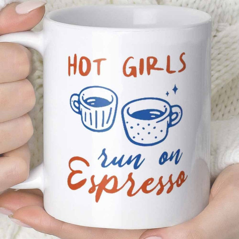 Tailorly White Ceramic 11 oz Mug - Hot Girls Run On Espresso Minimalist Hand Drawn Blue Cups Featuring Decorative Sparkles Cup