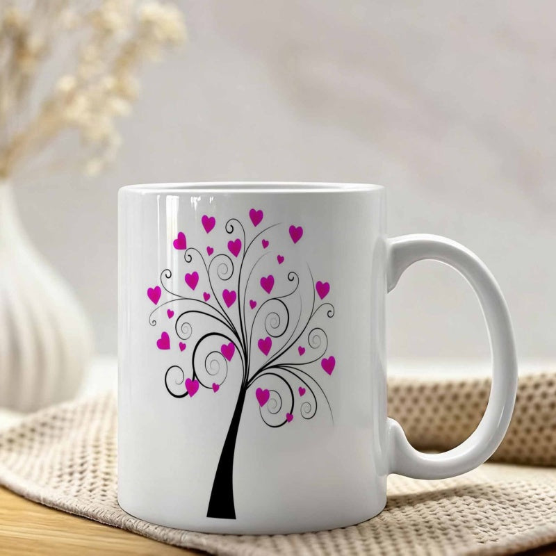 Tailorly White Ceramic 11 oz Mug - Elegant Black Swirling Branches With Pink Hearts Growing Along Artistic Curves Tree