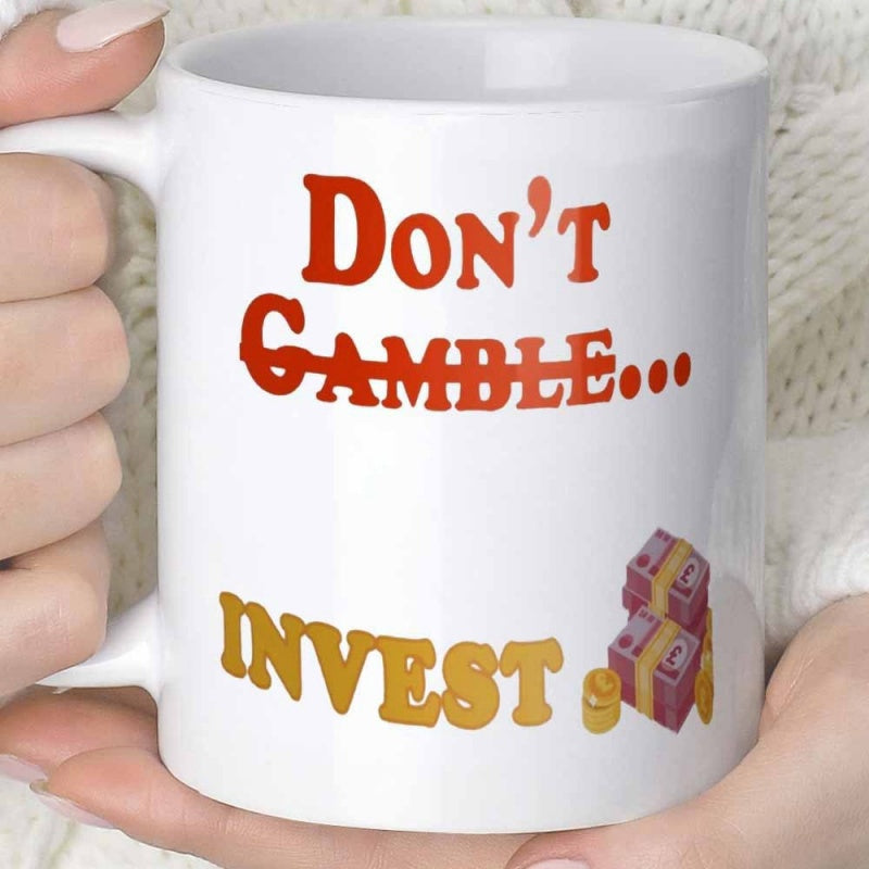 Tailorly White Ceramic 11 oz Mug - Don't Gamble Invest Bold Finance Slogan Featuring Purple Cash Bundles And Gold Coins Mug