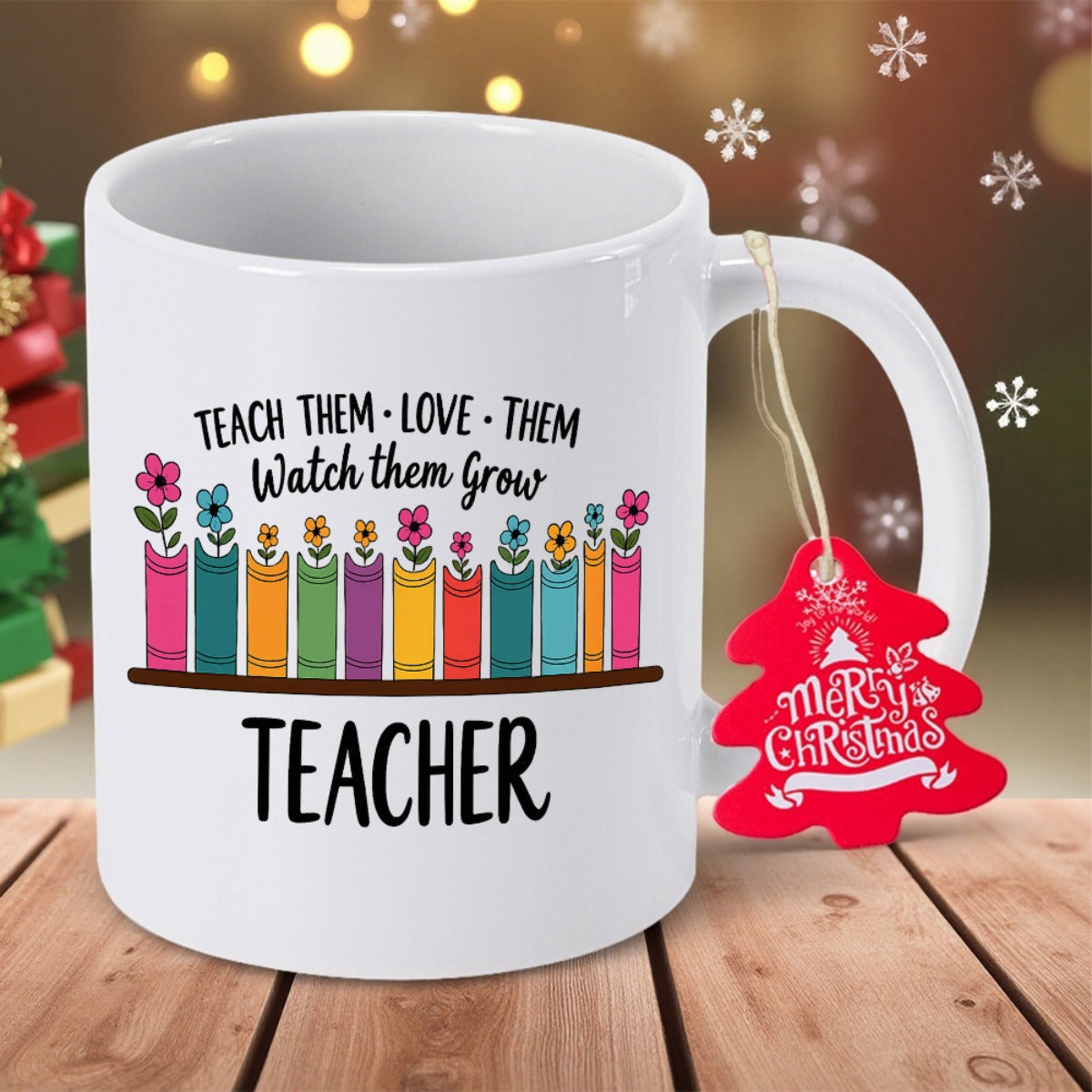 Tailorly White Ceramic 11 oz Mug - Teach Them Love Them Watch Them Grow Teacher Colorful Books With Small Flowers Growing From The Spines Decorative Ceramic Mug
