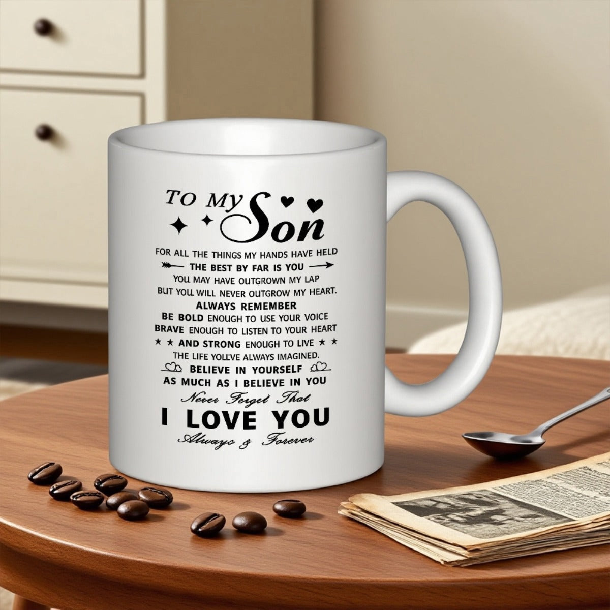 Tailorly White Ceramic 11 oz Mug - To My Son I Love You Always Forever Sentimental Typography With Elegant Hearts Stars And Minimalist Symbols Mug