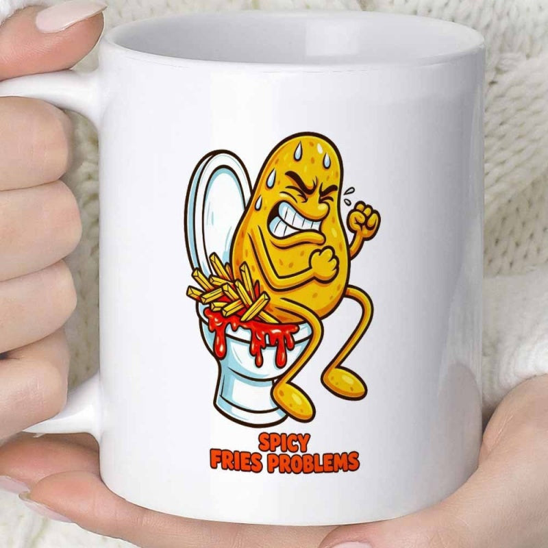 Tailorly White Ceramic 11 oz Mug - Spicy Fries Problems Funny Cartoon Character Sweating While Straining On A Bathroom Toilet Potato