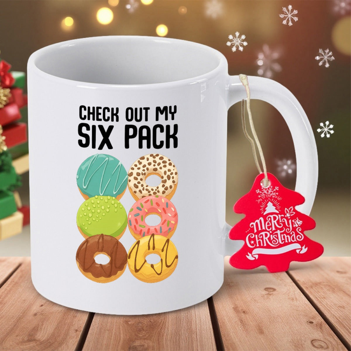Tailorly White Ceramic 11 oz Mug - Check Out My Six Pack Six Assorted Delicious Colorful Frosted Doughnuts Arranged In Rows Donut