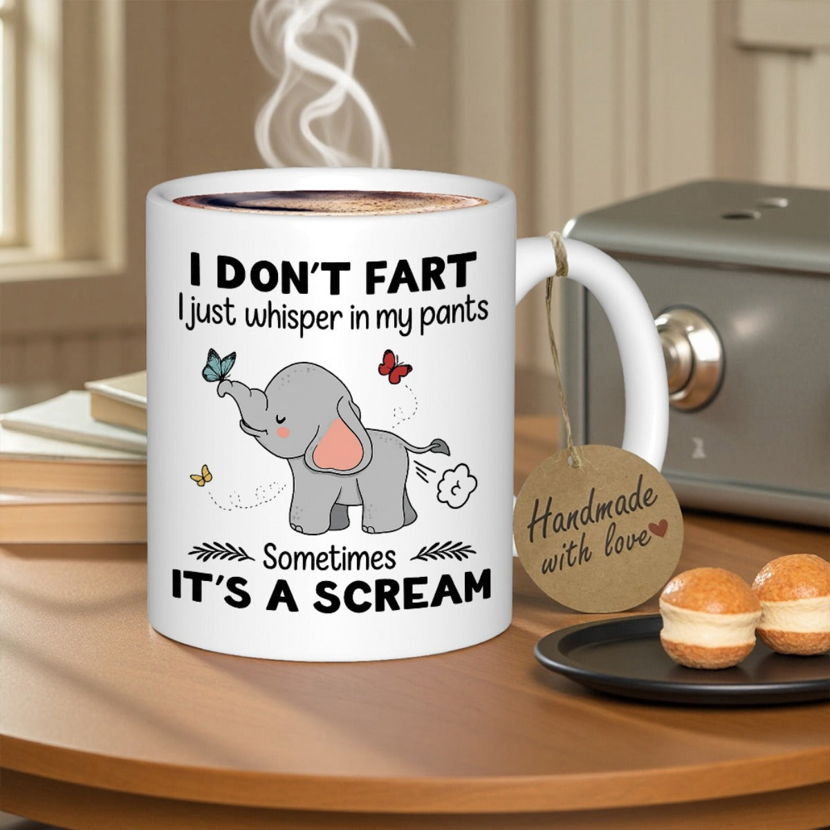 Tailorly White Ceramic 11 oz Mug - I Don't Fart I Just Whisper In My Pants Sometimes It's A Scream Cute Grey Baby Elephant Featuring Delicate Butterflies