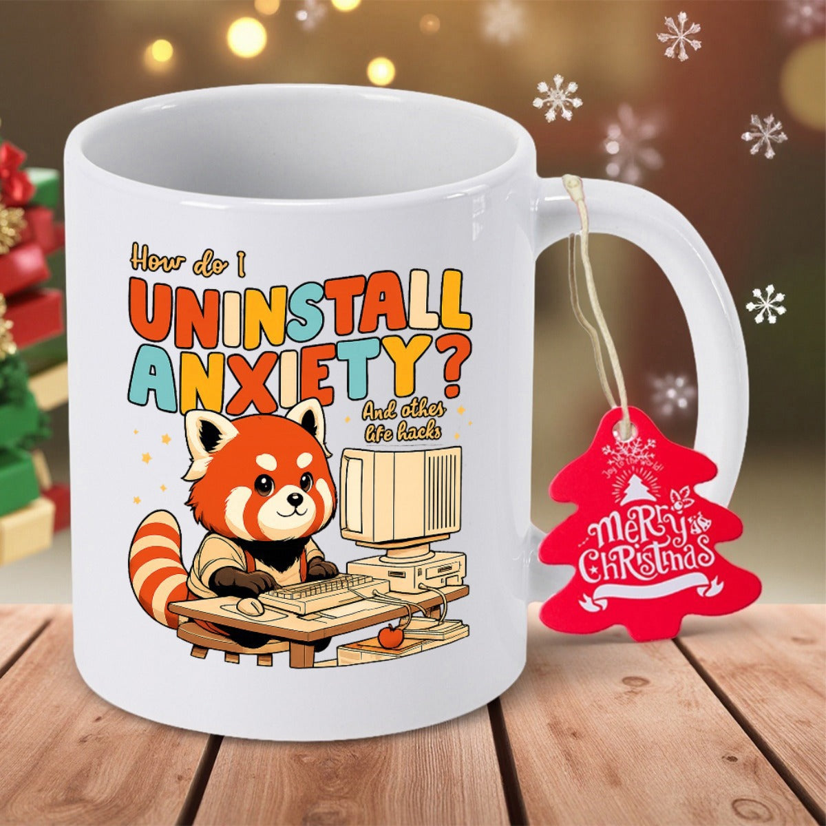 Tailorly White Ceramic 11 oz Mug - How Do I Uninstall Anxiety Adorable Furry Animal Using Old Technology While Working From Home Red Panda