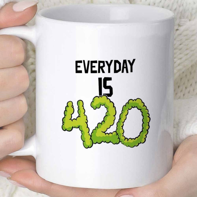 Tailorly White Ceramic 11 oz Mug - Everyday Is 420 Clean Ceramic Surface With Vibrant Green Leafy Textured Artistic Numbers Mug