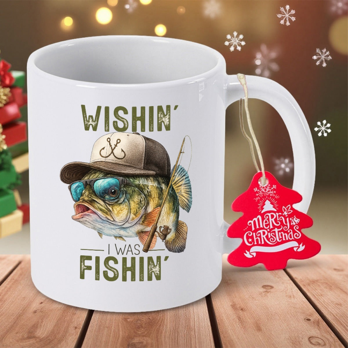 Tailorly White Ceramic 11 oz Mug - Wishin I Was Fishin Distressed Style Bass Wearing Cool Sunglasses And Brown Fishing Hat Bass