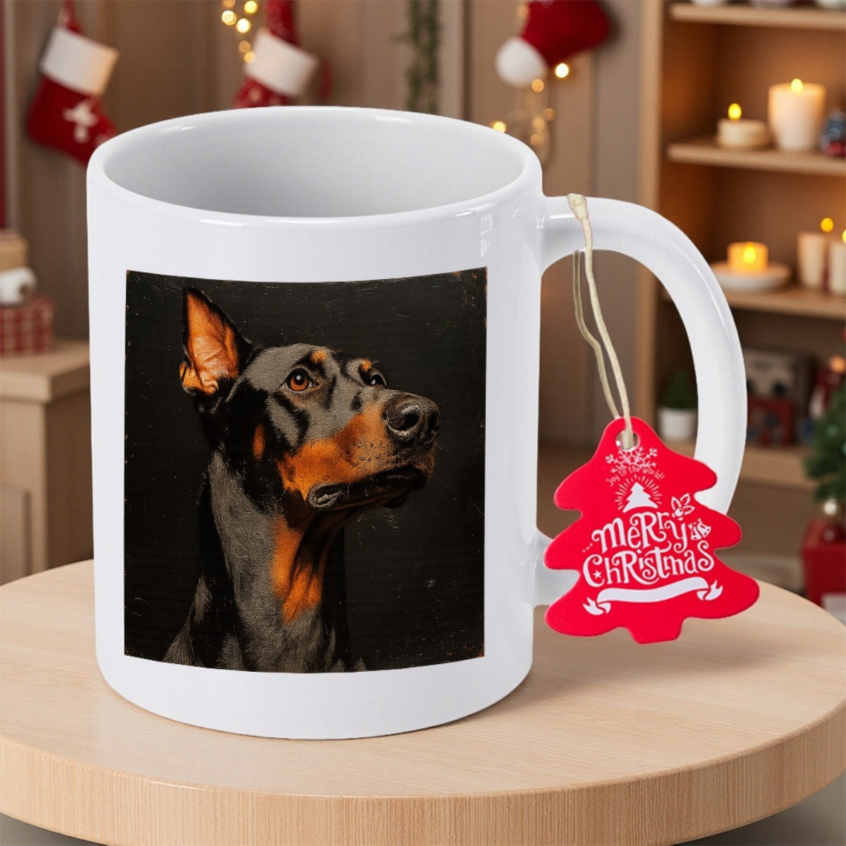 Tailorly White Ceramic 11 oz Mug - Merry Christmas Majestic Black And Tan Doberman Pinscher Portrait With Intense Noble Gaze Doberman