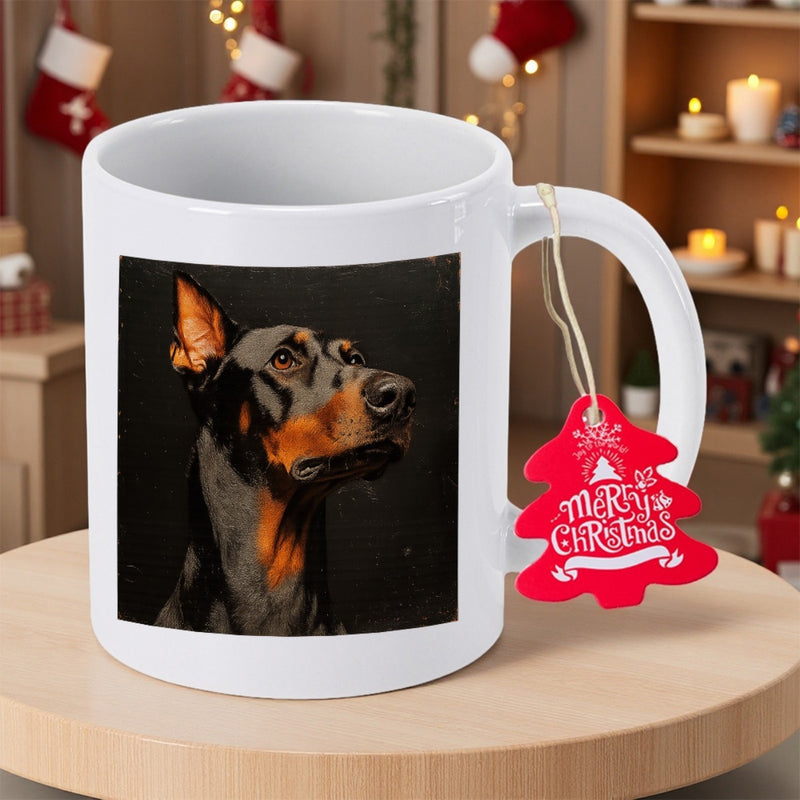Tailorly White Ceramic 11 oz Mug - Merry Christmas Majestic Black And Tan Doberman Pinscher Portrait With Intense Noble Gaze Doberman