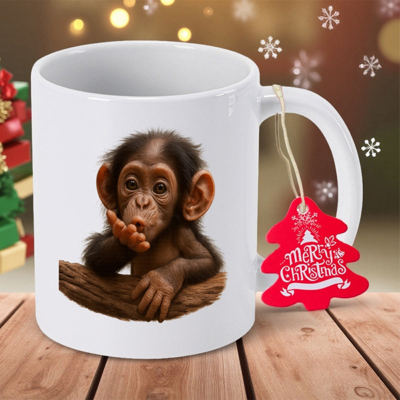 Tailorly White Ceramic 11 oz Mug - Merry Christmas Adorable Baby Monkey Resting On A Log Blowing A Sweet Kiss Chimpanzee