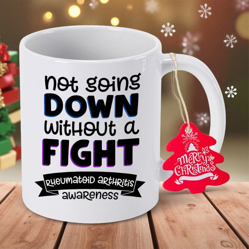 Tailorly White Ceramic 11 oz Mug - Not Going Down Without A Fight Rheumatoid Arthritis Awareness Merry Christmas Sleek With Ribbon Banner And Festive Tree Tag Mug