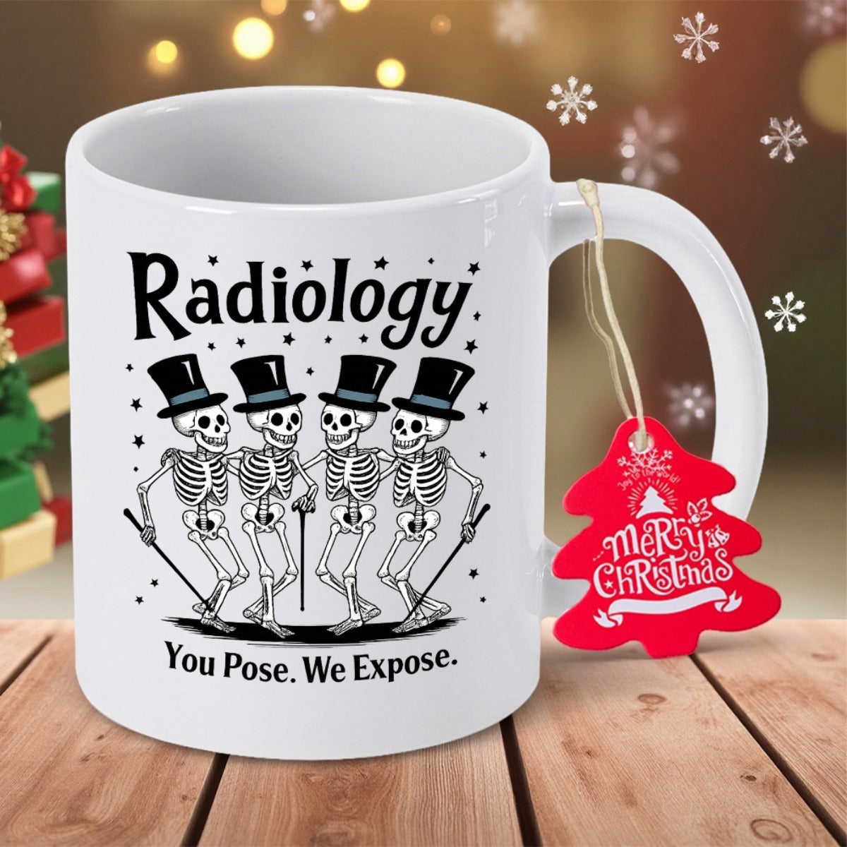 Tailorly White Ceramic 11 oz Mug - Radiology You Pose We Expose Gentlemanly Figures Dancing With Top Hats And Walking Canes In Line Skeleton