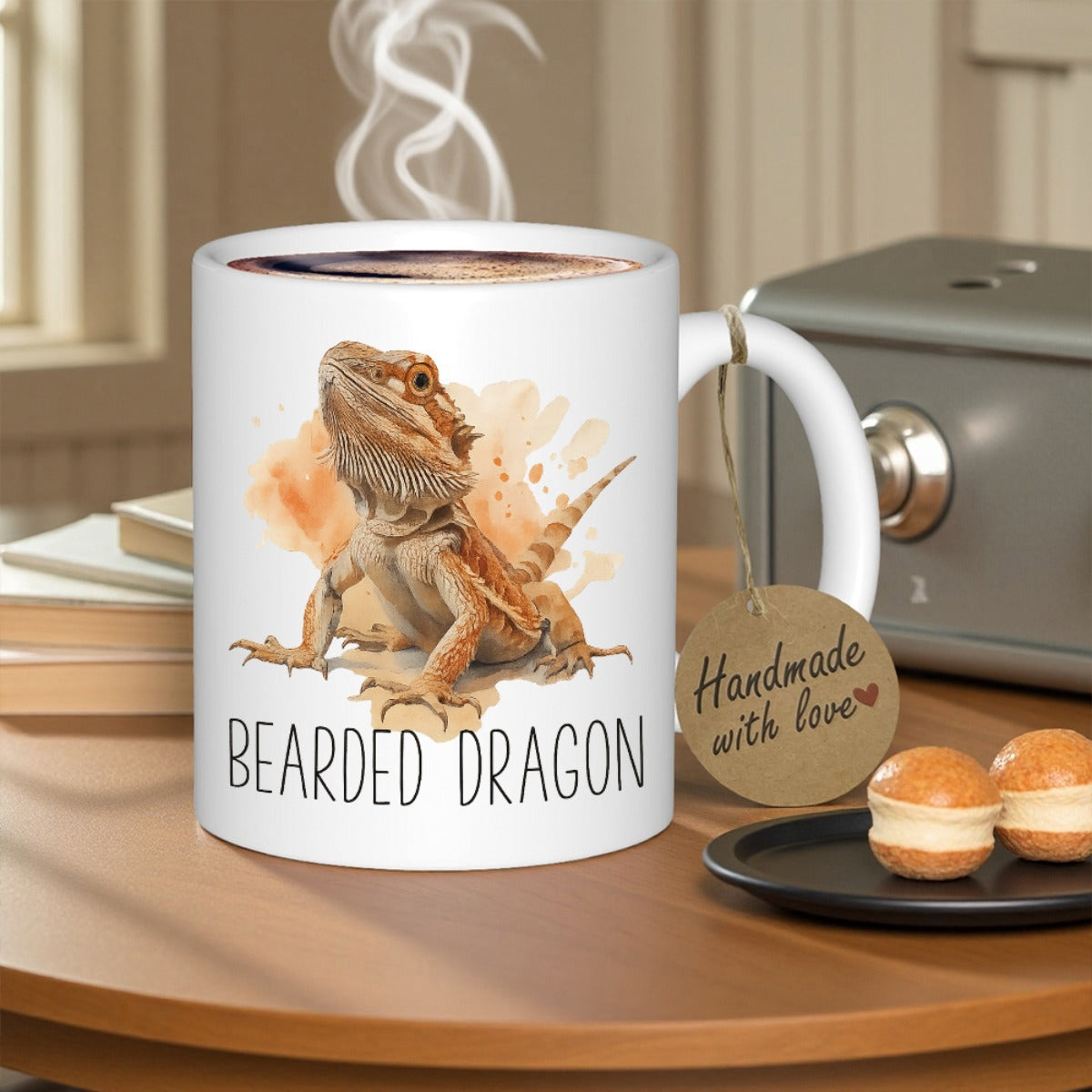 Tailorly White Ceramic 11 oz Mug - Bearded Dragon Detailed Watercolor Reptile Resting Among Warm Earthy Tones Sitting Pose Bearded Dragon