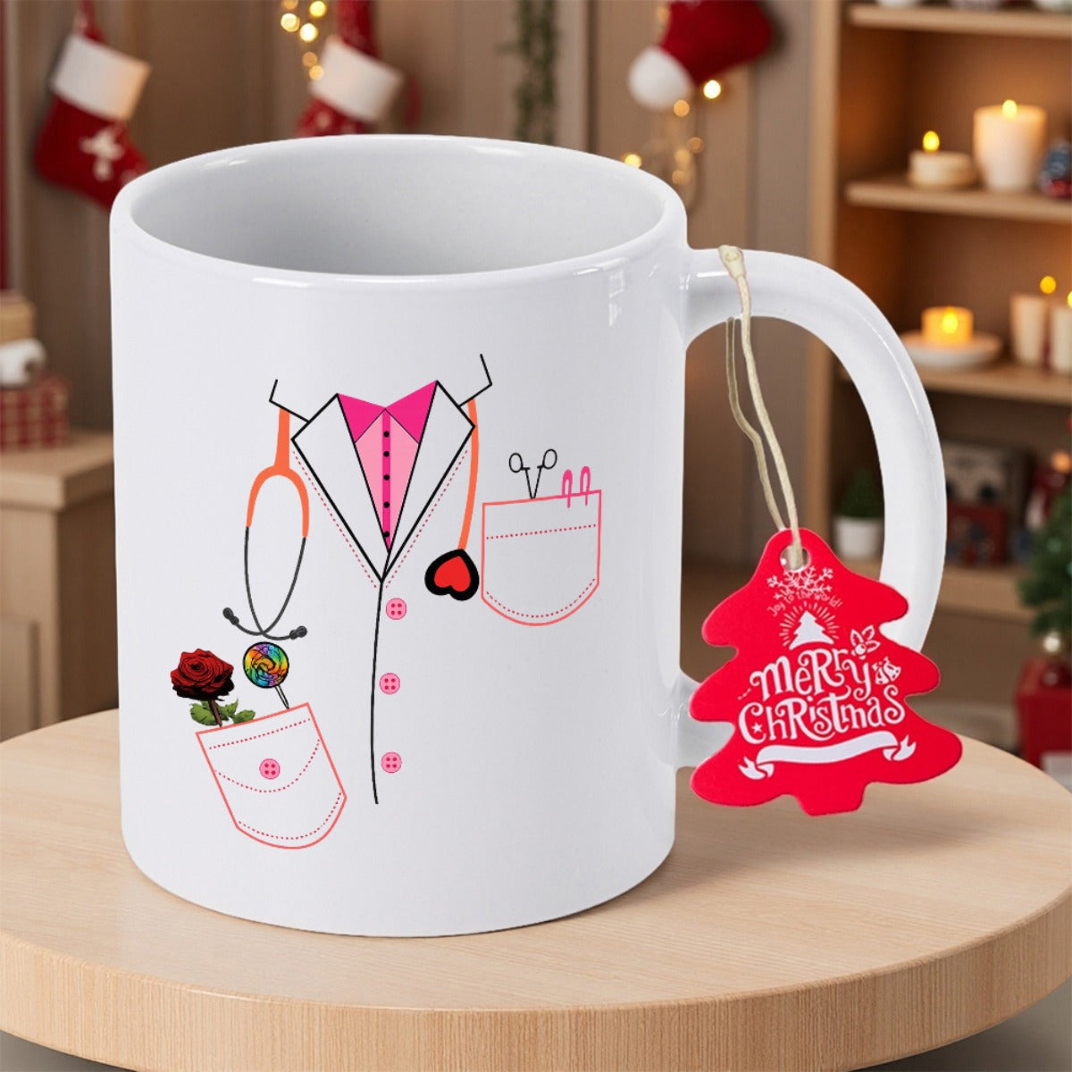 Tailorly White Ceramic 11 oz Mug - Medical Uniform With Stethoscope And Rose In A Pocket Doctor Outfit