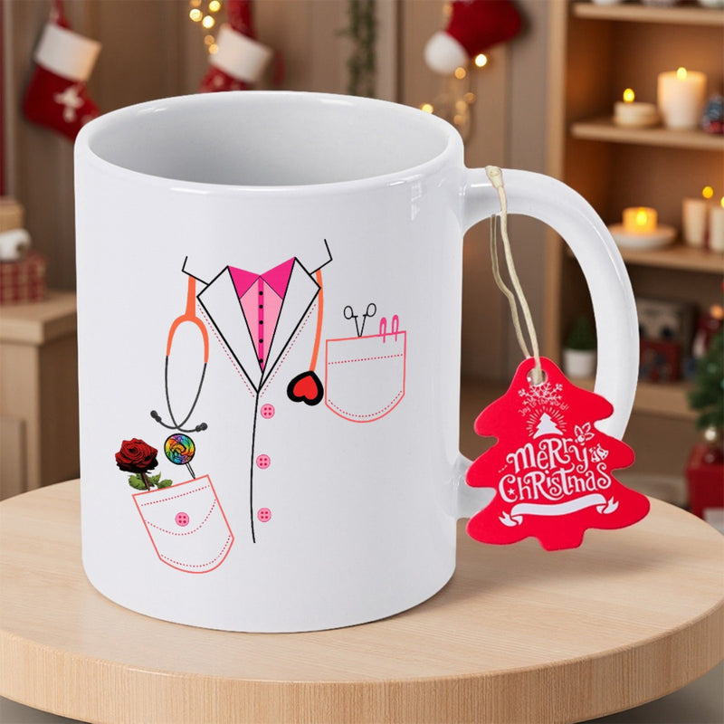 Tailorly White Ceramic 11 oz Mug - Medical Uniform With Stethoscope And Rose In A Pocket Doctor Outfit