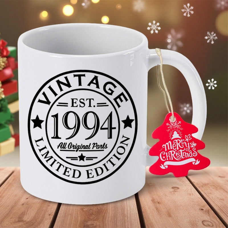 Tailorly White Ceramic 11 oz Mug - Vintage Est 1994 Limited Edition All Original Parts Circular Seal Featuring Decorative Stars And Bold Commemorative Year Mug
