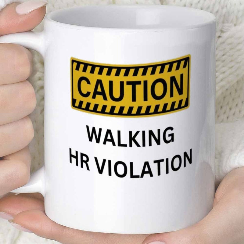 Tailorly White Ceramic 11 oz Mug - Caution Walking HR Violation Bold Yellow Warning Banner With Black Diagonal Safety Stripes Humorous Sign