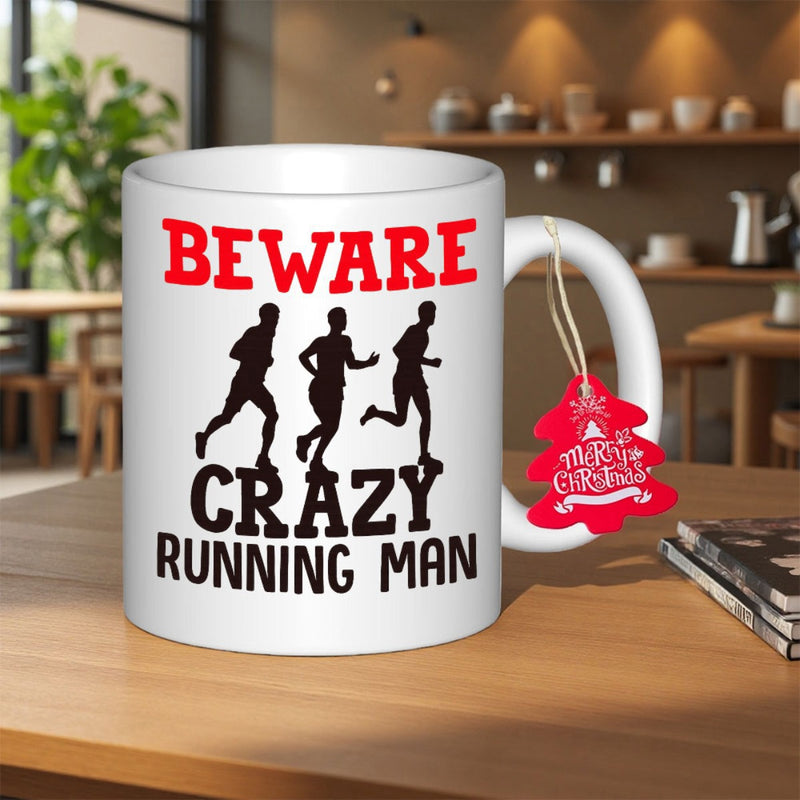 Tailorly White Ceramic 11 oz Mug - Beware Crazy Running Man Three Energetic Black Silhouettes Of Athletes Racing Across A White Background Runner