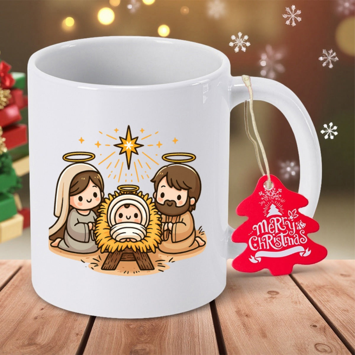 Tailorly White Ceramic 11 oz Mug - Merry Christmas Cute Cartoon Holy Family Resting Beneath A Bright Shining Star Nativity