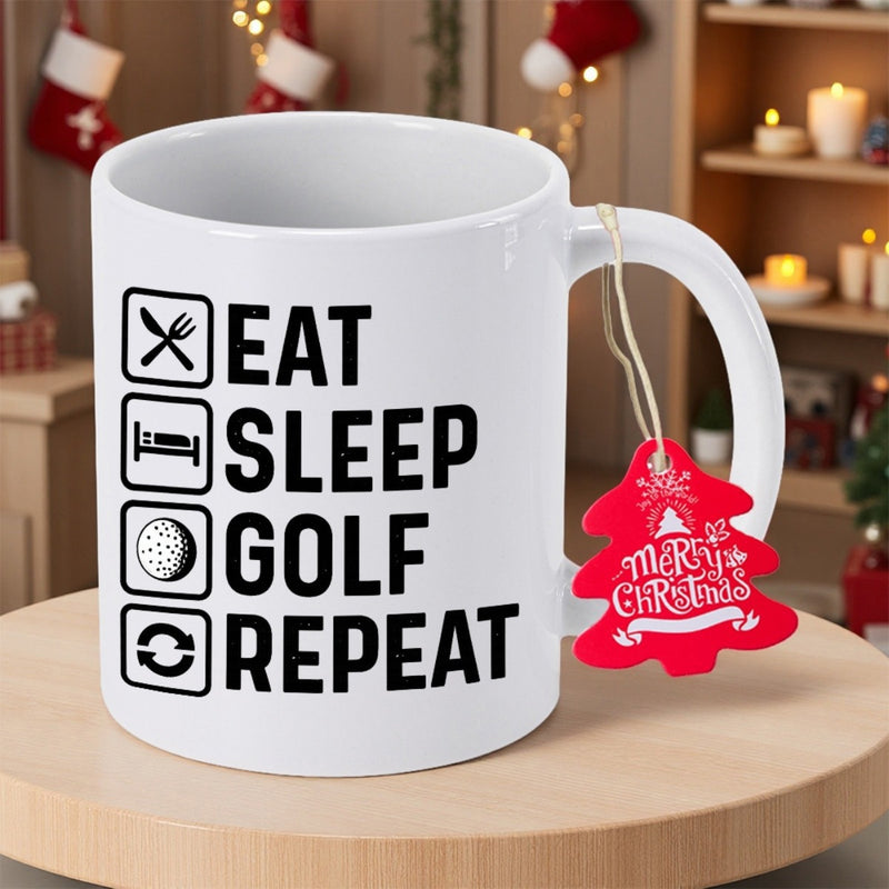 Tailorly White Ceramic 11 oz Mug - Eat Sleep Golf Repeat Minimalist Linear Sporting Icons Representing Daily Routine For Active Players Mug