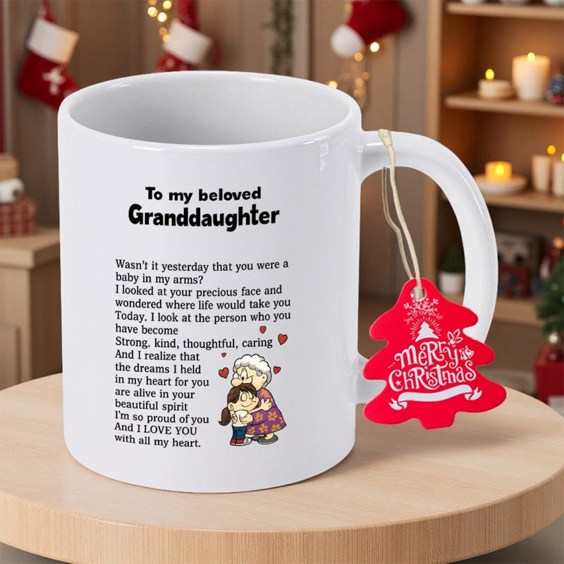 Tailorly White Ceramic 11 oz Mug - To My Beloved Granddaughter Merry Christmas Heartwarming Scene Of Grandmother Embracing Her Child With Floating Hearts Mug