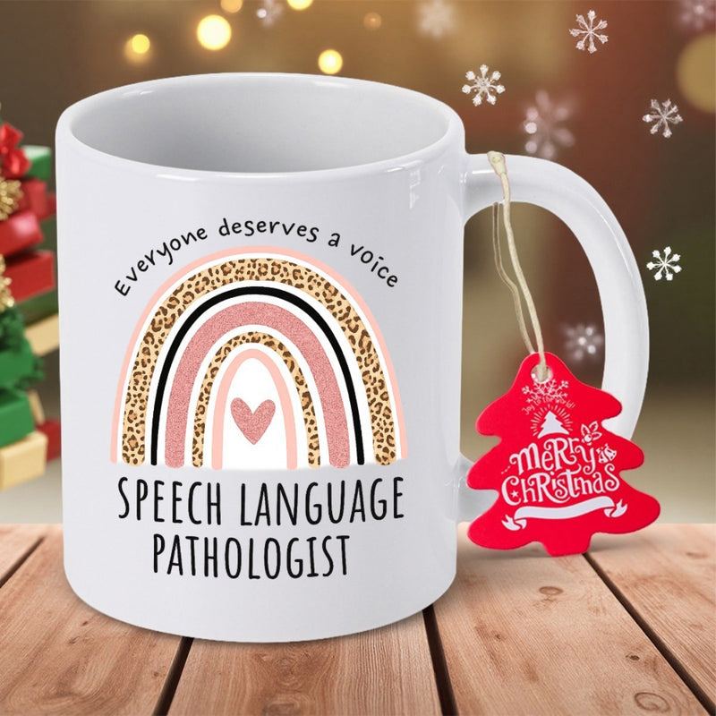 Tailorly White Ceramic 11 oz Mug - Everyone Deserves A Voice Speech Language Pathologist Minimalist Boho Style With Leopard Patterns And Pink Heart Rainbow