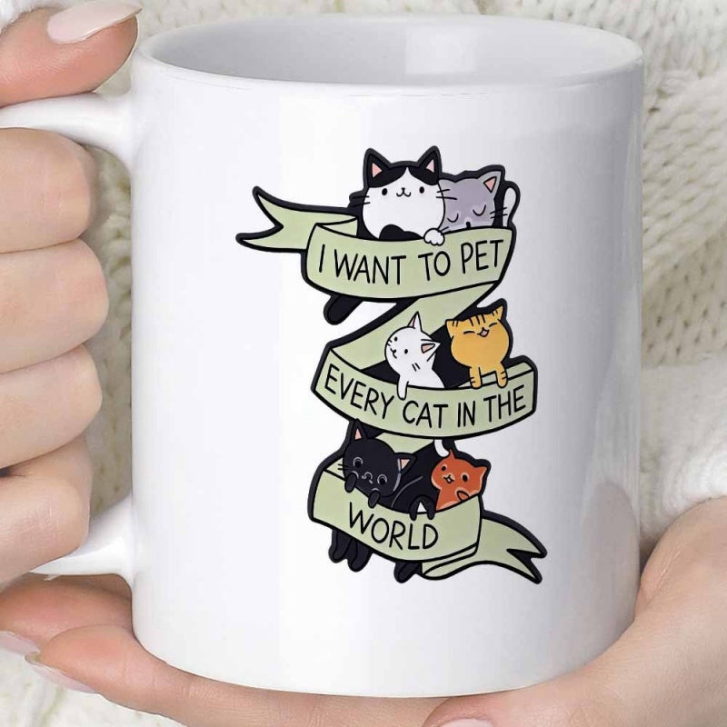 Tailorly White Ceramic 11 oz Mug - I Want To Pet Every Cat In The World Playful Kittens Peeking Out From Behind A Long Winding Green Ribbon Cat