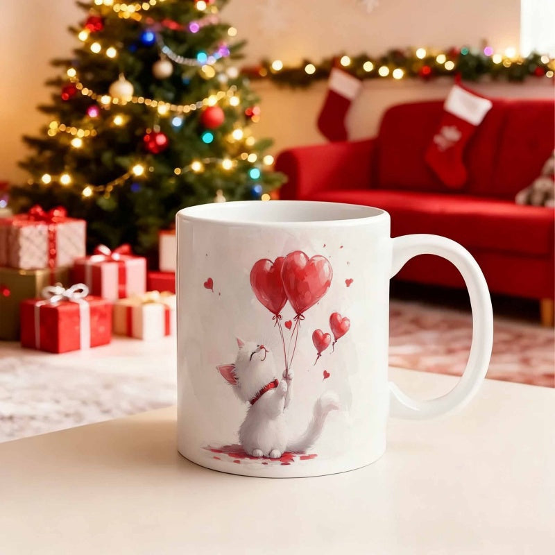 Tailorly White Ceramic 11 oz Mug - Adorable Kitten Holding Floating Heart Shaped Balloons In Soft Watercolor Style Cat