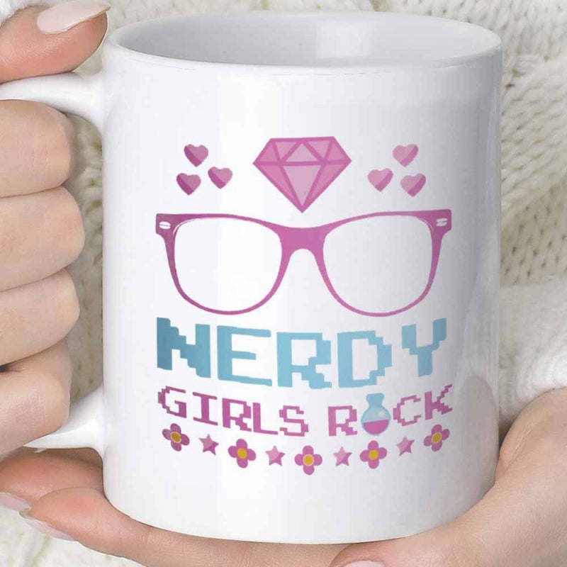 Tailorly White Ceramic 11 oz Mug - Nerdy Girls Rock Pink Eyeglasses Featuring Sparkling Diamond And Hearts Under Pixel Elements Glasses