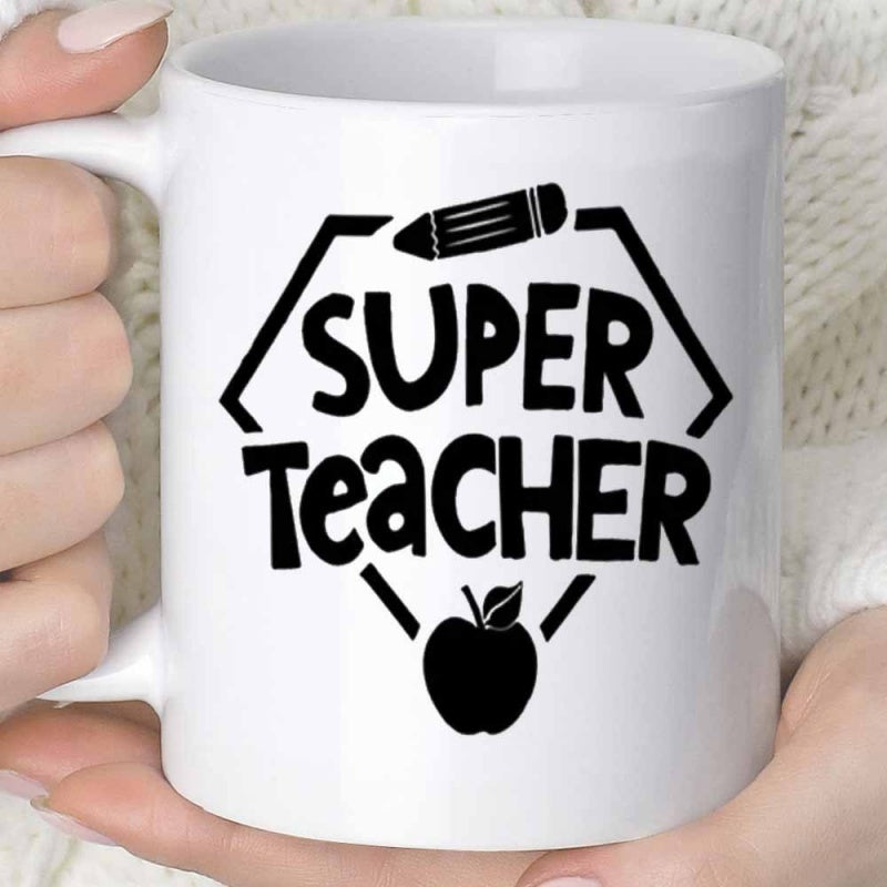 Tailorly White Ceramic 11 oz Mug - Super Teacher Minimalist Hexagon Frame With Pencil And Apple Silhouette Mug