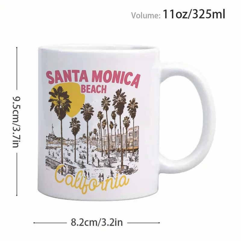 Tailorly White Ceramic 11 oz Mug - Santa Monica Beach California Tall Palm Trees Standing Near A Sun Drenched Vintage Style Beach Landscape