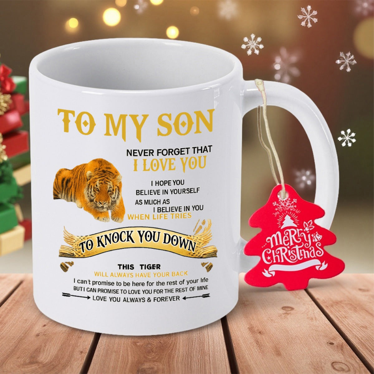 Tailorly White Ceramic 11 oz Mug - To My Son Never Forget That I Love You Majestic Golden Tiger Resting Peacefully With Decorative Ribbon And Text Tiger