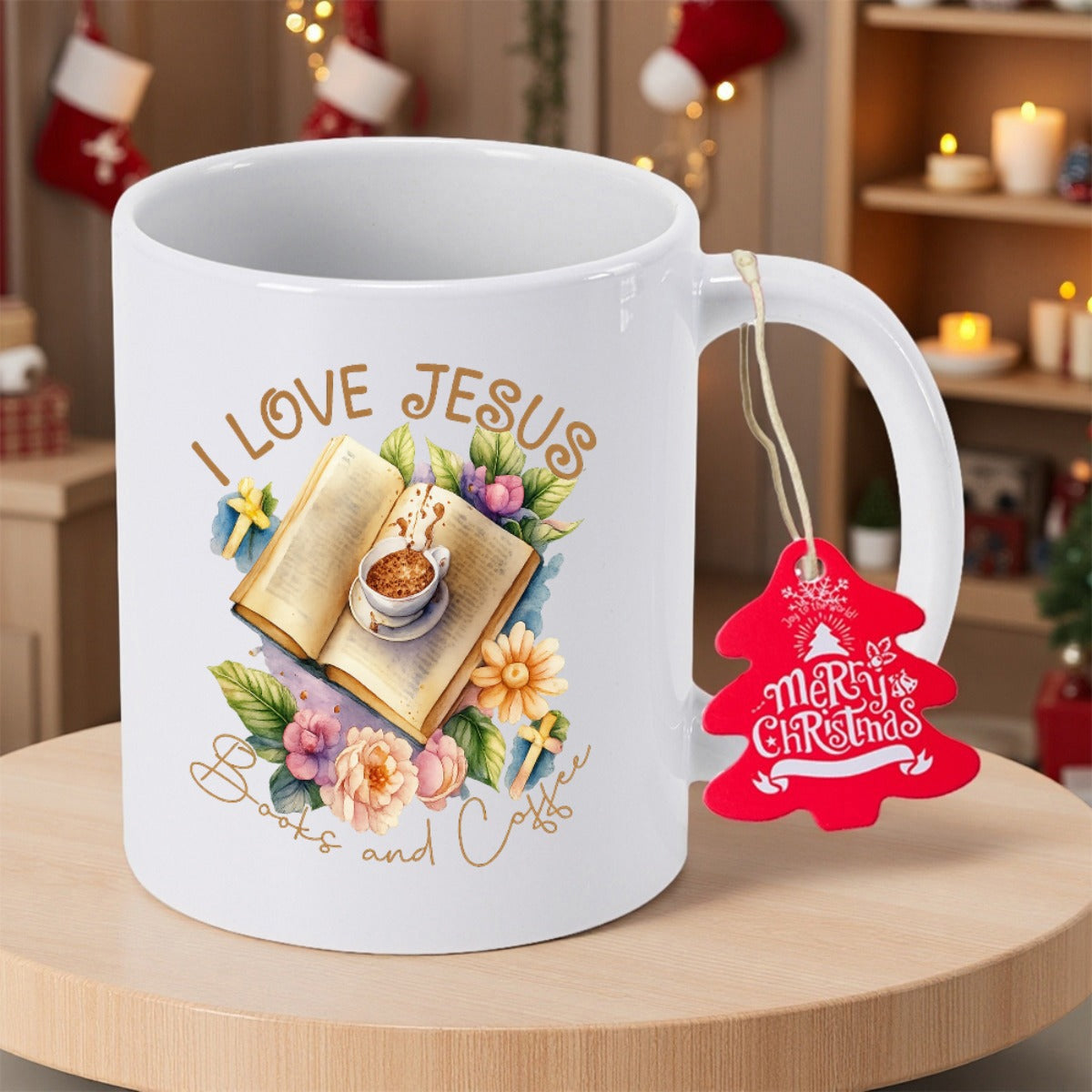 Tailorly White Ceramic 11 oz Mug - I Love Jesus Books And Coffee Vintage Floral Blossoms Around Open Sacred Scripture And Warm Steaming Cup Mug