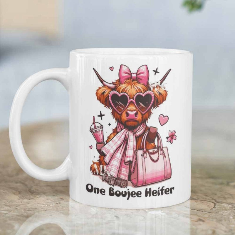 Tailorly White Ceramic 11 oz Mug - One Boujee Heifer Stylish Pink Bowed Cow Holding Handbag And Refreshing Drink Highland Cow