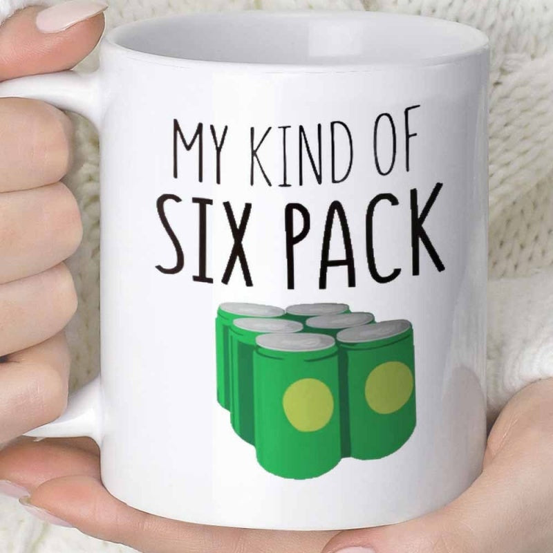 Tailorly White Ceramic 11 oz Mug - My Kind Of Six Pack Six Green Beverage Cans Standing Together On A White Background Pack