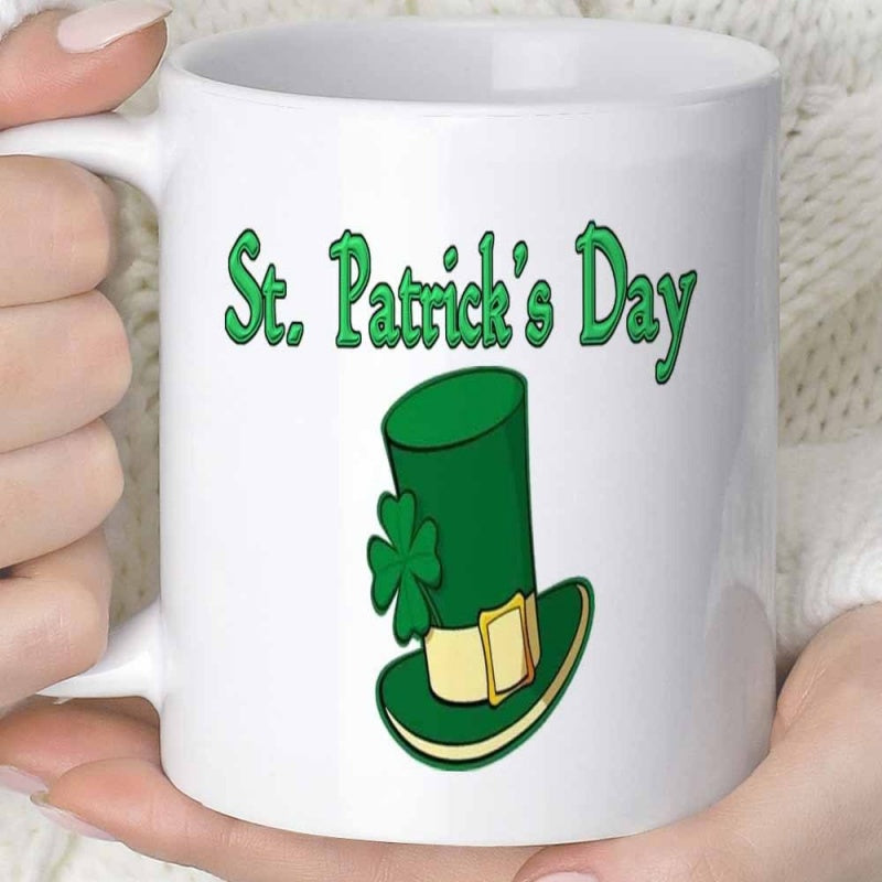 Tailorly White Ceramic 11 oz Mug - St Patricks Day Festive Green Traditional Irish Holiday Style With Lucky Shamrock Hat