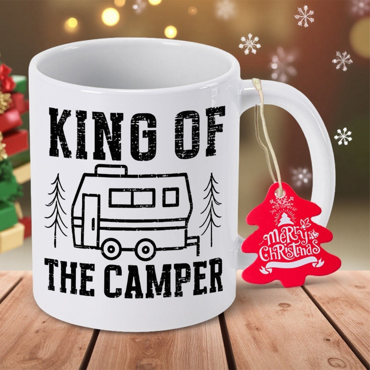 Tailorly White Ceramic 11 oz Mug - King Of The Camper Minimalist Line Drawing Trailer Parked Between Two Symmetrical Evergreen Trees Camper