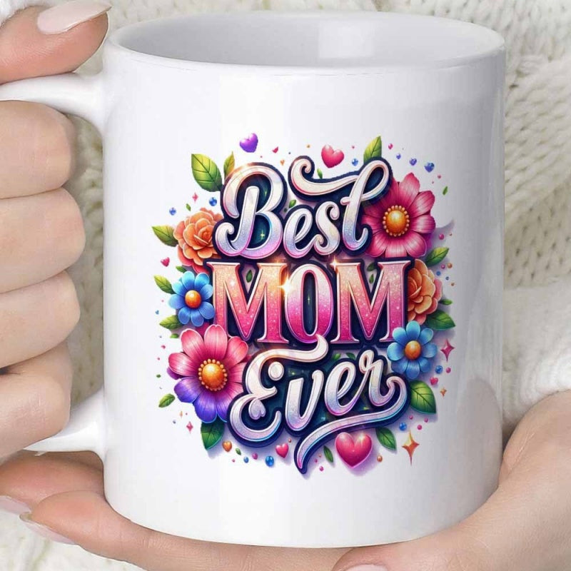 Tailorly White Ceramic 11 oz Mug - Best Mom Ever Vibrant Blooming Flowers Among Small Hearts And Lush Green Leaves Flower