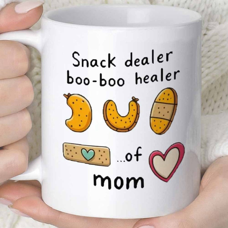 Tailorly White Ceramic 11 oz Mug - Snack Dealer Boo-Boo Healer Of Mom Whimsical Bandages And Loving Heart Shapes Representing Caring Motherhood Bond Illustration