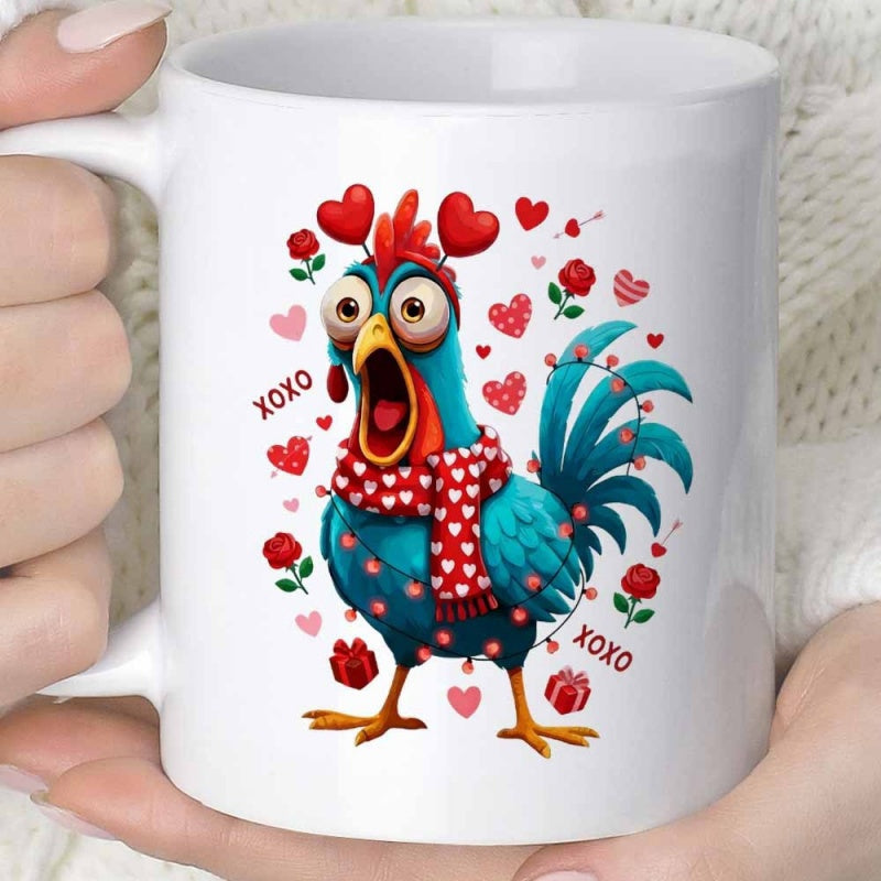 Tailorly White Ceramic 11 oz Mug - Xoxo Comical Blue Rooster Wearing Red Scarf Among Floating Roses And Hearts Chicken