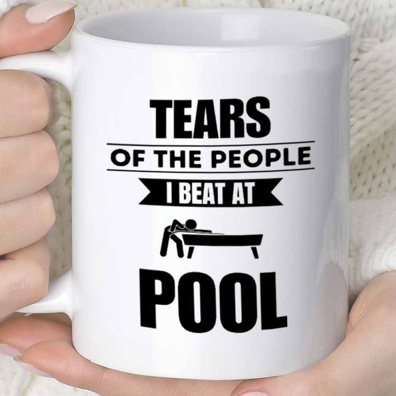 Tailorly White Ceramic 11 oz Mug - Tears Of The People I Beat At Pool Minimalist Black Silhouette Showing A Person Aiming On A Pool Table