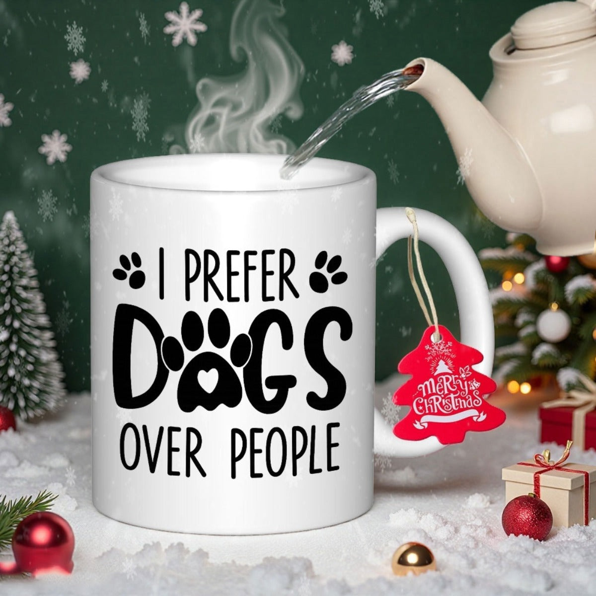 Tailorly White Ceramic 11 oz Mug - I Prefer Dogs Over People Minimalist Typography Design Featuring Multiple Cute Black Paw Print