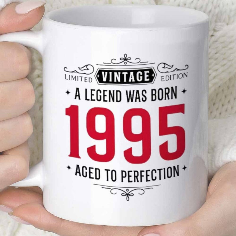 Tailorly White Ceramic 11 oz Mug - Limited Vintage Edition A Legend Was Born 1995 Aged To Perfection Elegant Retro Typography Featuring Decorative Scrollwork