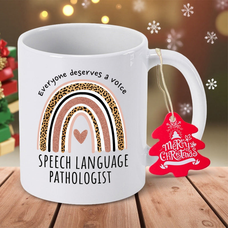 Tailorly White Ceramic 11 oz Mug - Everyone Deserves A Voice Speech Language Pathologist Boho Leopard Arches With Heart Center Among Earthy Tones Rainbow