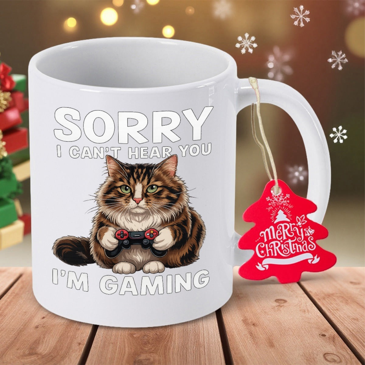 Tailorly White Ceramic 11 oz Mug - Sorry I Can't Hear You I'm Gaming Fluffy Brown Tabby Cat Holding A Modern Video Game Controller Cat