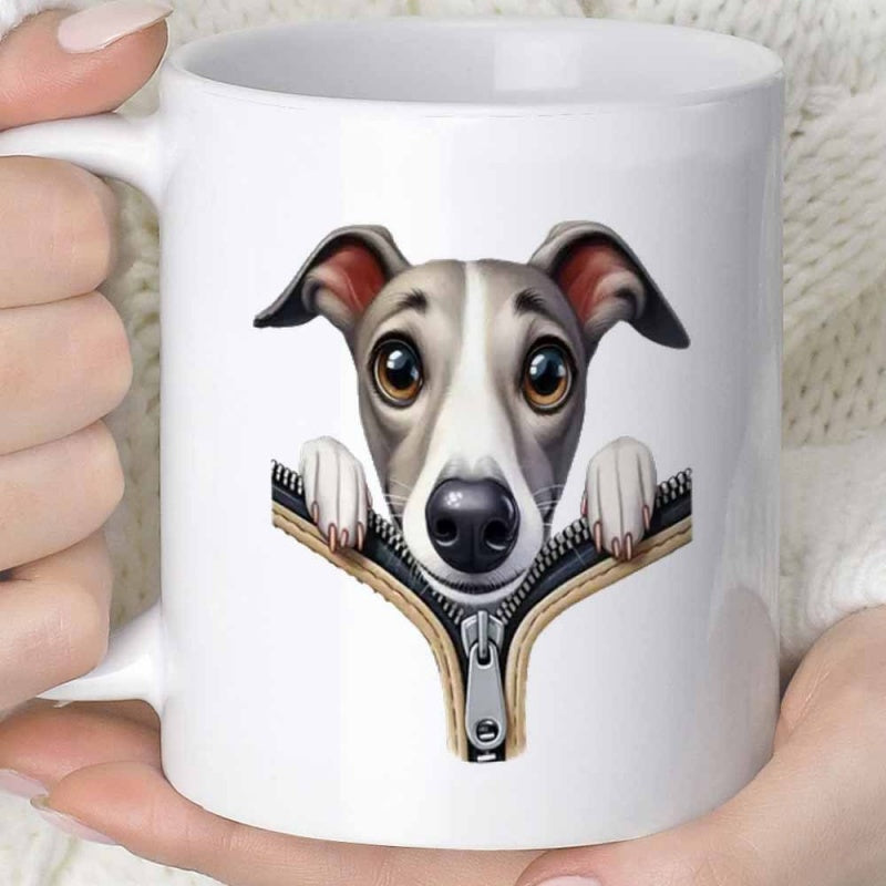 Tailorly White Ceramic 11 oz Mug - Curious Greyhound Peeking Out From Behind A Metallic Unzipped Opening Dog